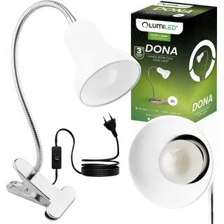 LUMILED Schreibtischlampe klassisch Leselampe Tischleuchte Flexibler Hals Arbeitsleuchte mini Nachttischlampe E27 Fassung Tischlampe aus Metall Kinderzimmer für Lesen Studieren Weiß mit Klemme - Weiß