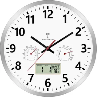 Foxtop Wanduhr Funk Digital Analog 30cm mit LCD-Display – Digitale Funkuhr mit Automatischer Zeitanpassung, Temperatur, Datum & Wochentag, Geräuschlos – Küchenuhr für Wohnzimmer, Badezimmer, Büro