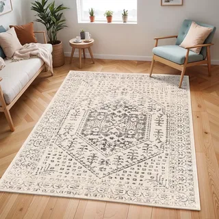 Livabliss Radom Vintage groß - Orientalischer Wohnzimmer 160x220 cm, Esszimmer, Schlafzimmer - Boho Kurzflor e für einfache Pflege - Beige, Schwarz und Grau