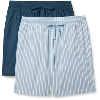 Amazon Essentials Herren Pyjama-Shorts, Kurz, Baumwoll-Stretch-Popeline, 2er-Pack, Indigo/Streifen, S