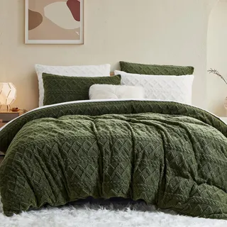 Freyamy Fleece Bettwäsche 135x200 4tlg,Flauschig Teddy Plüsch Bettwäsche-Sets für Winter,Extra Warm Wendebettwäsche Flanell,Grün Bettbezüge mit Reißverschlüsse und Kissenbezug 80x80