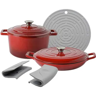 Argon Tableware 2.3L/4.68L Seicht Auflaufform aus Gusseisen Set mit Deckeln - Rotes Ombre - 2pc Induktionskochfeld Kochen Schmortopf Brot Backen Portion Braten Eintopf Suppentopf Kochgeschirr Pfanne