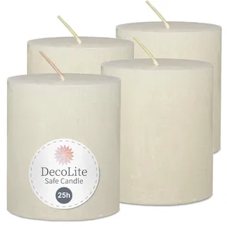 DecoLite Stumpenkerzen Rustik 7x8 cm, 25h Brenndauer, 4er Set, wollweiß | Made in Germany, RAL-geprüft, selbstverlöschende Safe Candle, durchgefärbt, ruß- & tropffrei, für Deko & Gastronomie