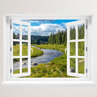 Wandtattoo - Fenster mit Aussicht auf Berge und Fluss 100 x 78 cm – Wandsticker