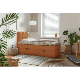 Mid.you Boxbett , Rostfarben , Holz, Textil, Holzwerkstoff , H3 , 90x200 cm , Bettkasten, gepolstertes Kopfteil, Stoffauswahl, Topper durchgehend , Holzmöbel, Holzbetten, Boxspringbetten Holz