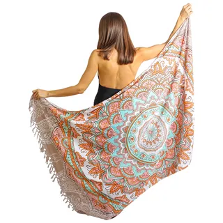 Mandala Life ART Blauer Damen Sarong Pareo Mit Fringe Hochwertiger Rayon Groß Strand Strandtuch Wickeltuch Wickelrock Strandrock Tapisserie Wickeltuch Bikini Cover Up Tuch Für Badeanzug