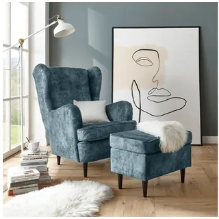 ed exciting design Ohrensessel Oskar Polyester 78 x 102 x 98 cm Blau mit Massivholzfüßen