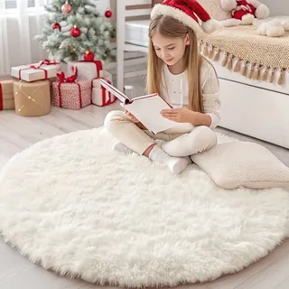 Homaxy Hochflor Waschbar Klein Teppich Wohnzimmer 120 cm Rund, Creme