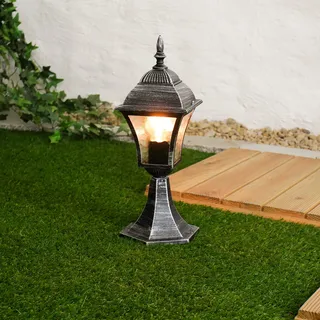 Antike Sockellampe Außen Silber E27 Glas regenfest H:42cm Rustikal Wegeleuchte Garten Einfahrt Balkon - Silber