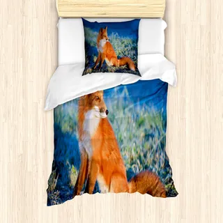 ABAKUHAUS Fuchs Mantele, Serene Kalter Herbst Feld, Milbensicher Allergiker geeignet mit Kissenbezügen, 135 cm x 200 cm - 80 x 80 cm, Blau Weiß Orange