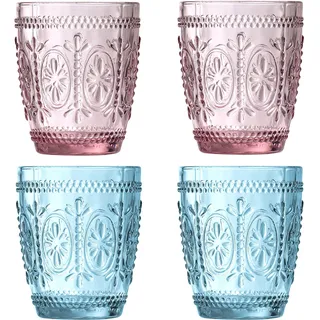 Premier Housewares Fleur Glass Trinkglas, 4er Set, 280ml, 2 Rosa, 2 Blau