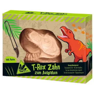 Moses 4033477402523 T-Rex Zahn zum Ausgraben, Ausgrabungsset mit Dinosaurierzahn und Vulkansteinen, inkl. Kette und Ausgrabungswerkzeug, Dinosaurierfans, Mittel, Rotbraun