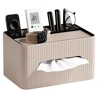 Kosmetiktücherbox aus Kunstleder mit Ablage, rechteckiger Taschentuchspender mit 2 Fächern – moderne Tücherbox für Wohnzimmer, Badezimmer und Büro (Beige)