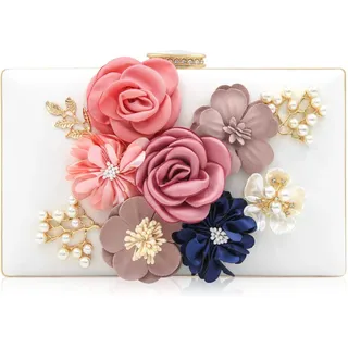 Milisente Damen Clutch Tasche Blumen Abendtasche Hochzeit Bag Elegante Handtasche (Weiß)