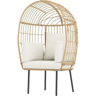 Rattansessel Ei-F?rmig mit abnehmbarem Kissen, Polster, 1bergro?e Outdoor Sessel aus Rattan, Wetterfest Korbsessel Gartensessel Gartenst1hle f1r Garten Balkon, Veranda, Terrasse Beige | - Beige
