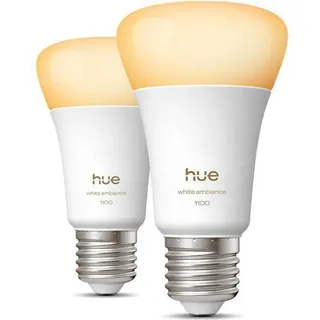 LED Lampe, Philips Hue A60, E27, 8.1W, 1100 Lumen, 1000-2000K, Warmweiß, 2er Pack, Smarte Beleuchtung - Bunt