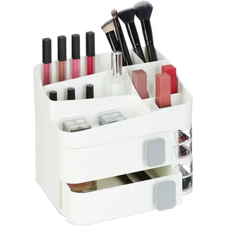 Relaxdays Make Up Organizer, 21 Fächer, Kosmetik Aufbewahrung, Kunststoff, Kosmetikorganizer, weiß