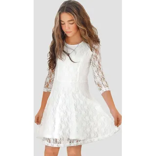 Jerseykleid KIDSWORLD "- Spitzenkleid", Mädchen, Gr. 164/170, N-Gr, beige (natur), Spitze, Obermaterial: 95% Polyester, 5% Elasthan. Futter: 95% Baumwolle, 5% Elasthan, unifarben, ausgestellt knieumspielend, Rundhals, abgesteppte Kante, Kleider Jerseykleid, festliche Anlässe, knielang, aus Spitze und Jersey, 3/4-Ärmel