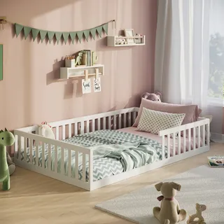 Bodenbett Bett mit Rausfallschutz & Lattenrost Montessori Bett Kinder Jugendbett Einzelbett optional mit Matratze | weiß Kiefer 140x200 cm - Weiß