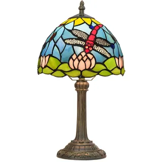 Blivuself Tiffany Stil Buntglas Tischlampe Lotus Blume Libelle Blau Rosa Grün Schlafzimmer Nachttisch Lesepult Lichter für Büro Bar Decor Retro Einzigartiges Nettes kleines Nachtlicht Geschenk