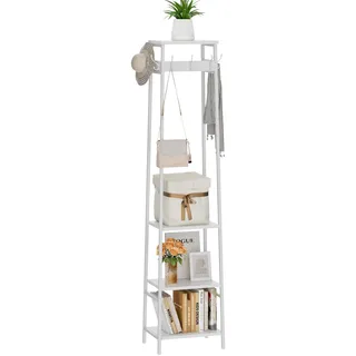 Miphlian Freistehender Garderobenständer, Garderobe mit 3 Regalen und 7 Haken, Hall Tree Stehorganizer, Kleiderständer Organizer, Moderner Stil, Weiß