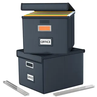 FINEW Leder Faltbare Aufbewahrungsbox mit Deckel, Hängemappen Hängeregister | Hängemappenbox für DIN A4 Hängeregister, Aufbewahrungsboxen für Büro/Dekor, Ablagebox Faltbox für Familien (Schwarz) 2 Pack