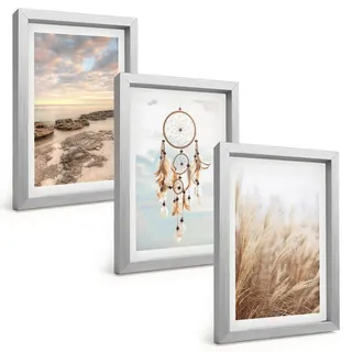 Tulup Bilder SET 3er Set - 20x30 cm Silberner Rahmen - Wolkenmeer, Traumfänger, Gras , Silberfarben , Kunststoff , Rechteckig , 20x30 cm , einfache und schnelle Anbringung , Bilder & Rahmen, Bilder