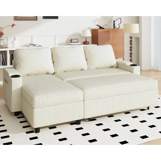JUMMICO Schlafsofa mit Bettkasten L Form Sofa mit Schlaffunktion 3 Sitzer Couch klein Ecksofa Schlafcouch Ausziehbar Wohnlandschaft für Wohnung und Wohnzimmer Velours Beige