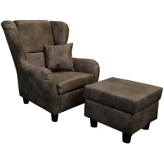 luma-home Ohrensessel mit Hocker, hoher Sitzkomfort durch Wellenunterfederung B90/H98/T76 cm, Mikrofaser Leder-Optik Vintage Braun / 18005 , Textil , Füllung: Polyurethan (Pur) , einzeln stellbar,Quadratisch , 90x98x76 cm , Wohnzimmer, Sessel, Ohrensessel