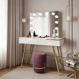 AURORA-S ELITE Schminktisch mit Spiegel weiß hochglanz - Weiß, Gold