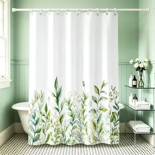 M&W DAS DESIGN Duschvorhang Vintage Garden Plants Pflanzen Textil gelb grün Natur Wachstum Vorhang Ruhe Schimmelresistent Blätter Farbfest inkl. 12 C-Ringe Gewicht unten Badzimmer