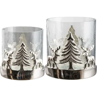 Creativ home Windlicht »Kerzenhalter Weihnachtslandschaft, mit Baum und Reh«, (Set, 2 St.), Teelichthalter, Weihnachtsdeko mit Hirsch und Tanne, Höhe 10 + 15 cm, silberfarben