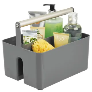 mDesign Badezimmer Aufbewahrungsbox – Korb mit Griff zur Kosmetikaufbewahrung – Bad Organizer mit zwei Fächern – dunkelgrau/mattsilberfarben
