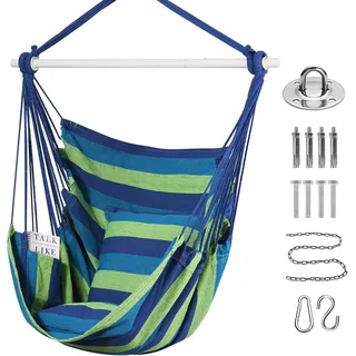 Goutime Schaukel Stuhl Große Hängematte Stuhl Weiche Baumwolle mit 2 Sitzkissen Kissen Hängeschaukel Outdoor & Indoor, 330 Lbs (Blau und Grün)