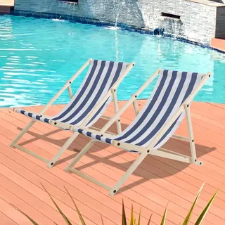 SWANEW Liegestuhl Klappbar Gartenstuhl Holz Sonnenliege Klappstuhl Campingstuhl Strand Blau weiß 2 Stück