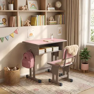 AIORBER Kinderschreibtisch mit Stuhl höhenverstellbar ergonomisch Schüler Schreibtisch Set stabil Lernmöbel Rosa - Rosa