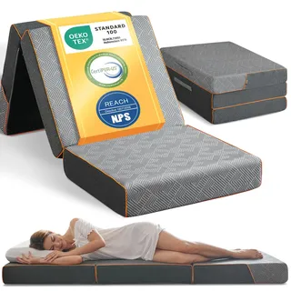 Coolux Sleep Faltmatratze 195x75x10cm, Platzsparend Klappmatratze, 3-teilige Schaumstoffmatratze für Gästebett, Reisen, Camping, Boden, Verschleißfester Matratzenbezug Öko-Tex Zertifiziert (Grau)