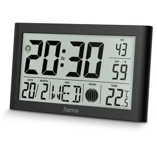 Hama Wanduhr digital (DCF Funkuhr mit Thermometer, Uhr mit Weckfunktion, 2 Weckzeiten, Anzeige von Kalender, Wochentag, Mondphasen, ausklappbarer Standfuß, inkl. Batterien) schwarz