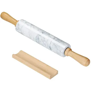Intirilife Nudelholz aus Marmor mit Ablage in Weiß Stein, 46.5 cm Backen, Backhelfer, Nudelholz