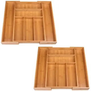 Schramm® 2 Stück Besteckkasten aus Bambus für Schubladen Größenverstellbar 30-48x46x5 cm Schubfacheinlage Schubladeneinsatz 5-7 Fächer Besteckeinsatz Küchenorganizer