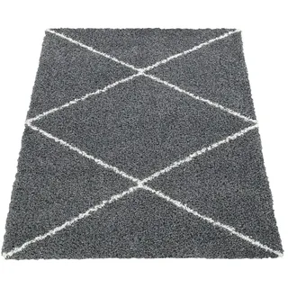 Paco Home Hochflor Teppich Wohnzimmer Shaggy Skandinavisches Rauten Muster, Modern Dunkel Grau 160x220 cm
