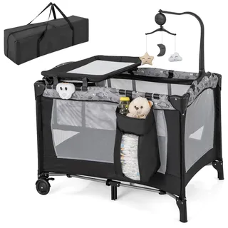 COSTWAY 3 in 1 Beistellbett klappbar, Reisebett mit Matratze, Hängespielzeug, Spieluhr, Wickeltisch & Tragetasche, 2 Ebene Babybett mit Rollen für Baby bis 36 Monaten (Grau)