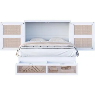 Redom Schrankbett 140/200 cm mit Lattenrost, Stauraumschubladen und Rattan-Design, Weiß , Holzwerkstoff , 140x200 cm , Schlafzimmer, Betten
