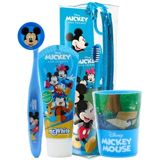 Mr.White Mickey Mouse Beutel-Set für Kinder - reisefreundlich inkl. Handzahnbürste mit Saugnapf, Reisekappe, Kinder-Zahnpasta mit mildem Minzgeschmack, 75 ml und 1 Becher - perfekt als