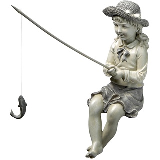 Design Toscano Großer Fang Fischersfrau Gartenstatue einer fischenden Frau, Polyresin, zweifarbig Stein, 28 cm