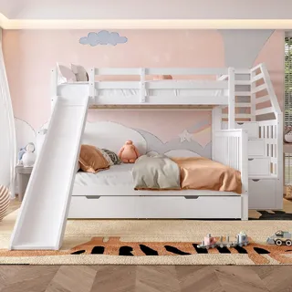 okwish Etagenbett (90 x 200 cm/140 x 200 cm), multifunktionales Kinderbett mit 2 Schubladen-Stauräumen und Rutsche, massive Kiefer, stabil und langlebig, weiß - Weiß