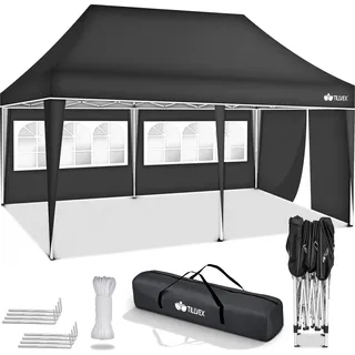 tillvex Pavillon 3x6m - mit 3 Seitenteilen Anthrazit wasserdicht | Pop-Up Faltpavillon höhenverstellbar | Gartenzelt UV Schutz 50+ | Partyzelt mit Tasche für Garten - Dunkelgrau