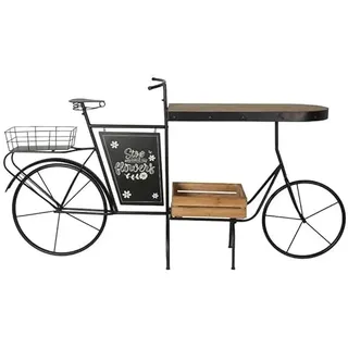 DRW Blumenkasten in Fahrradform aus Metall und Holztablett in Schwarz und Natur, 100 x 187 x 39 cm
