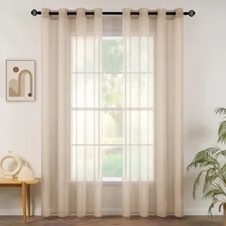 MIULEE Sheer Voile Vorhang mit Ösen Transparente Gardine Ösenvorhang Ösenschal Transparent Durchsichtig Luftig Dekoschal für Schlafzimmer Wohnzimmer 140x185 cm (B x H) 2er Set Khaki