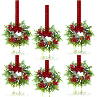 6 Stück Kleiner Weihnachtskranz – Mini-Kränze mit roter Beere, Kiefer, Eukalyptus, Weihnachtskränze für Tür, Küchenschränke, Fenster, Kamine, Dekoration